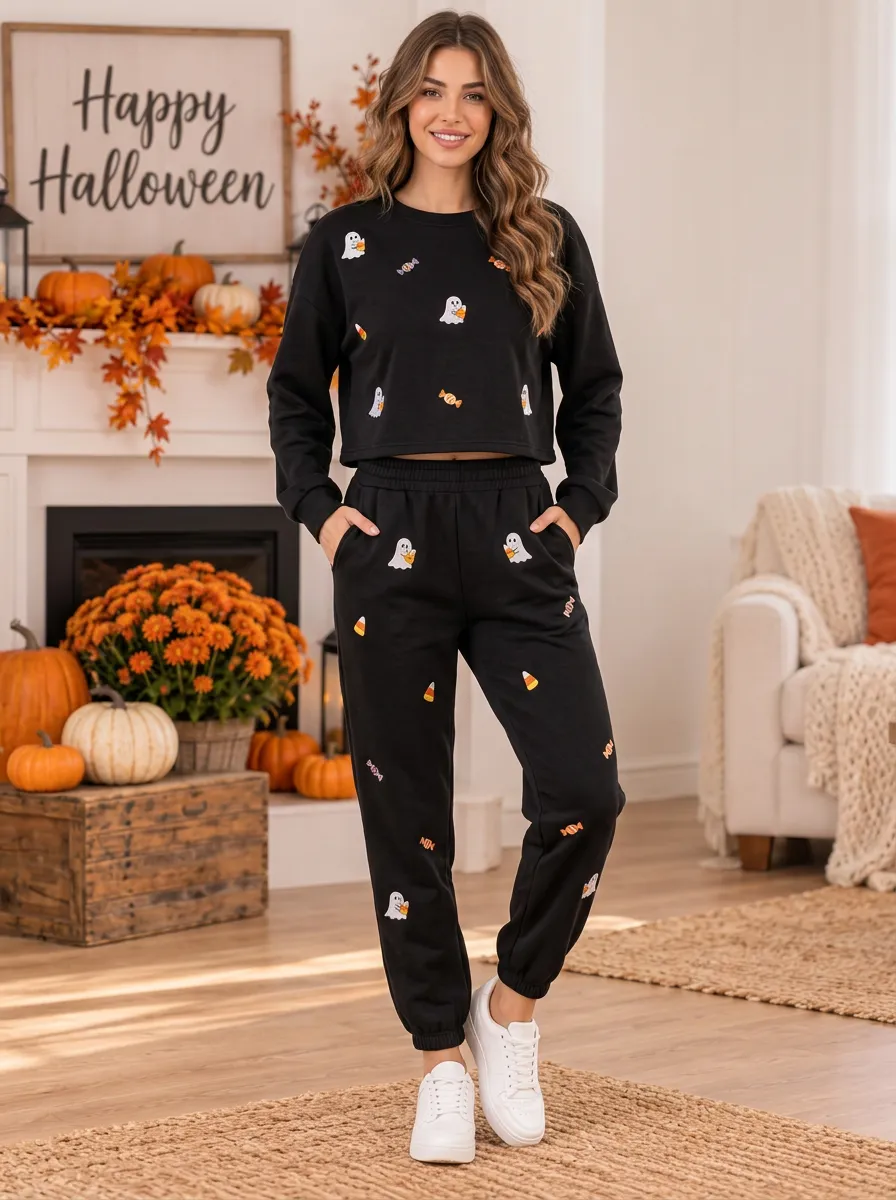 Women's Ghost-Candy Crewneck-Sweatshirt & Joggers Two-Piece Set