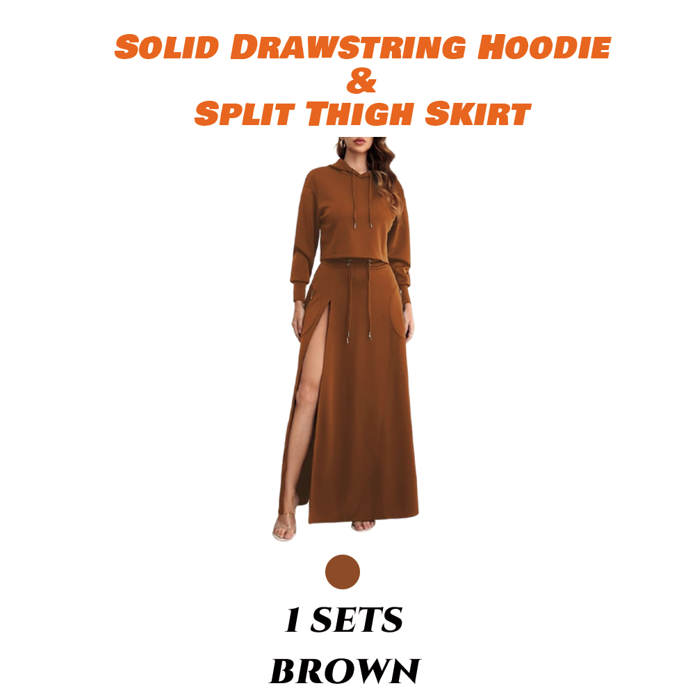 Women'S Solid Drawstring Hoodie & Split Thigh Skirt Set, Long Sleeve Top & Pocket Long Skirt, Casual Fashion Cozy Co-Ord Set, Women Clothes