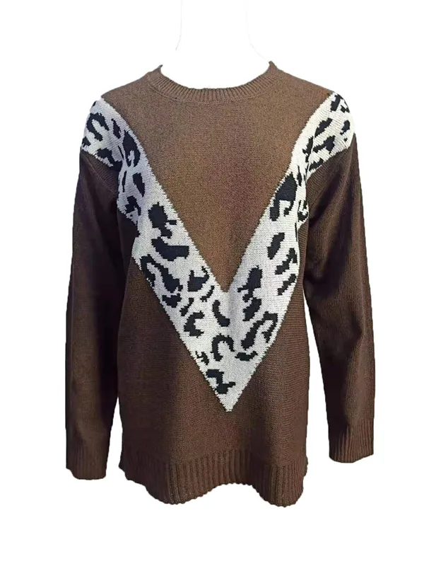 Solid color patchwork leopard print sweater