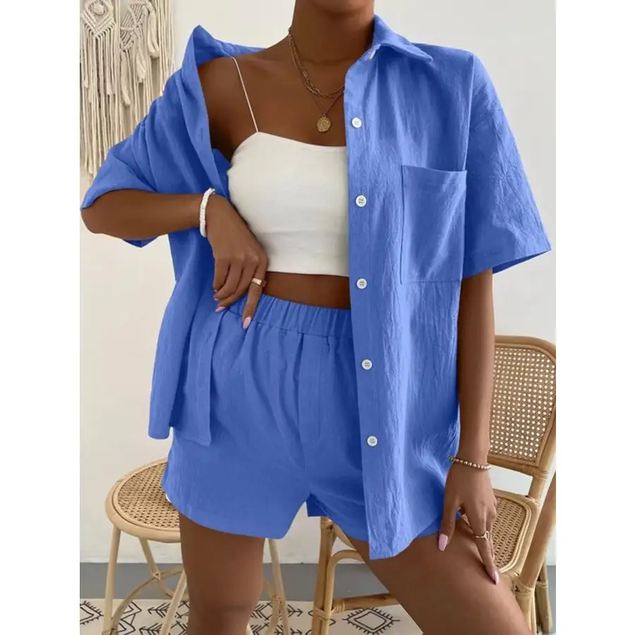 Button Up Short Sleeve Shirt and Shorts Set