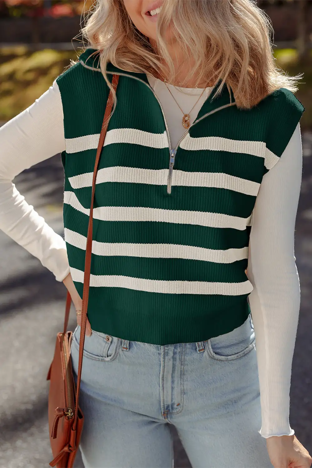 Ribbed Half Zip Collared Viscose Blend Sweater Vest