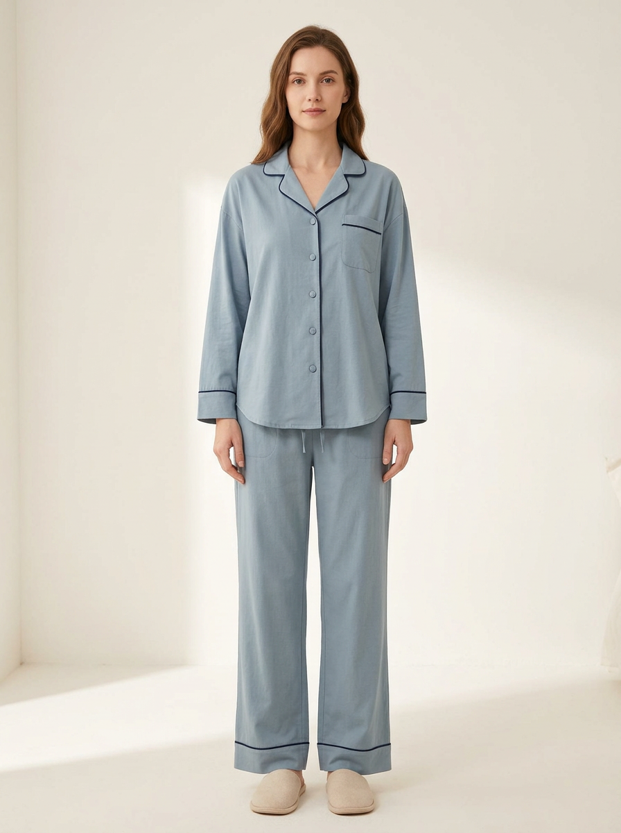 Women's Contrast-Piped Button-Down Drawstring Pajama Set