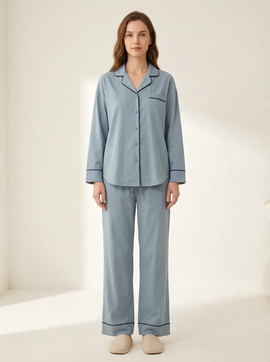 Women's Contrast-Piped Button-Down Drawstring Pajama Set