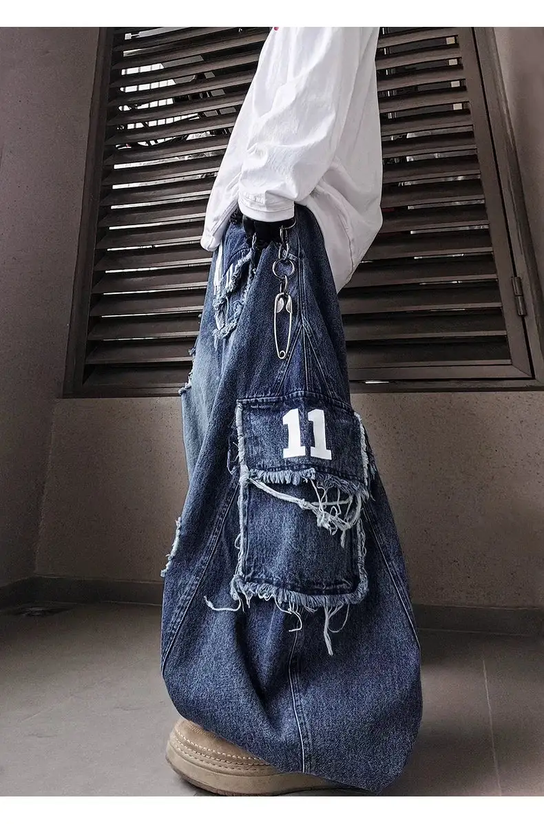 Wide-Leg Distressed Cargo-Pocket Patchwork Jeans