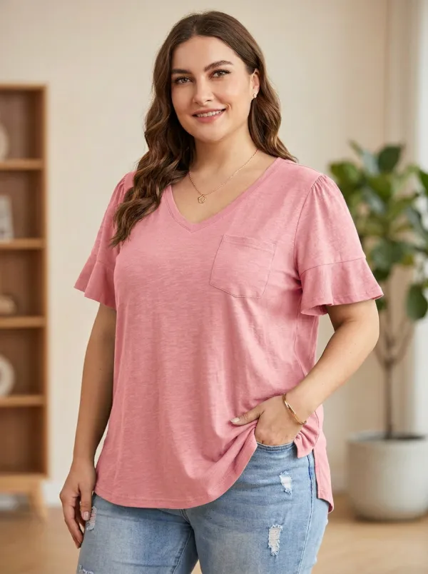 Women's Plus Size Olive Green Ruffle Sleeve Pocket V-Neck T-shirt