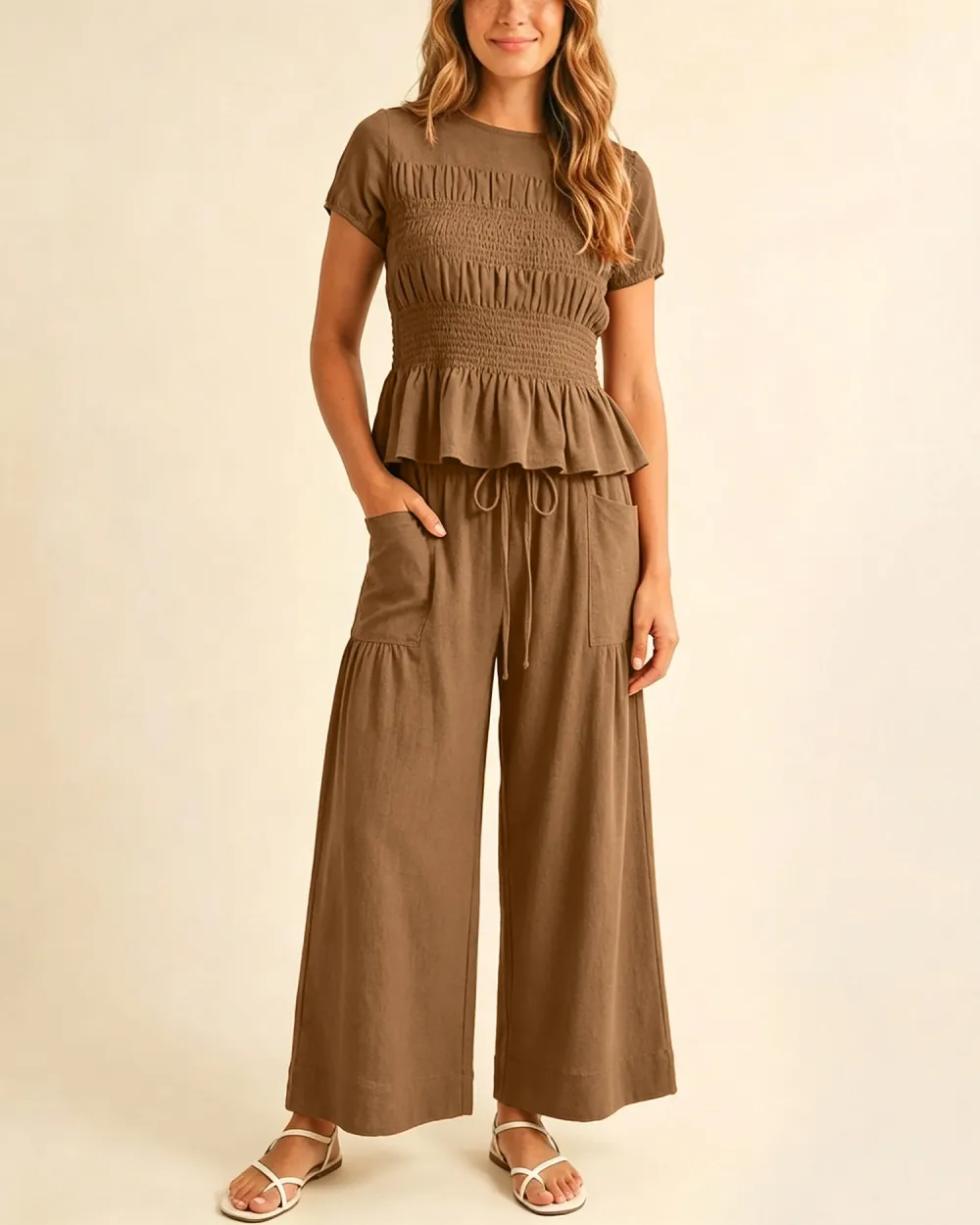 Women's 2-Piece Smocked Top and Wide-Leg Pants Set