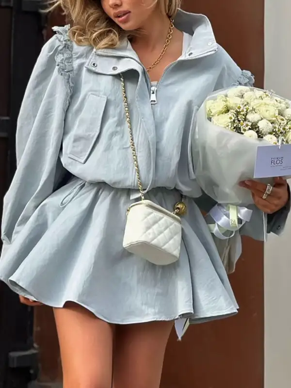Lace Zip Front Ruffle Mini Dress