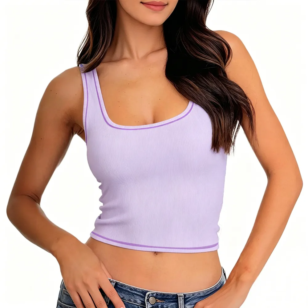 Women Rib Tank Top Padded Workout Top Square Neck Crop Tank