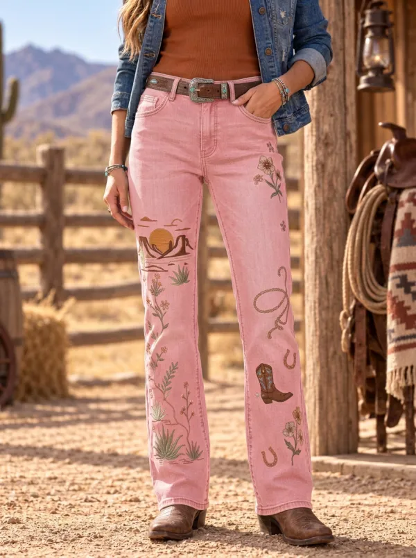 Women's Western Desert Sunset Cowboy Boot Floral Printed Jeans