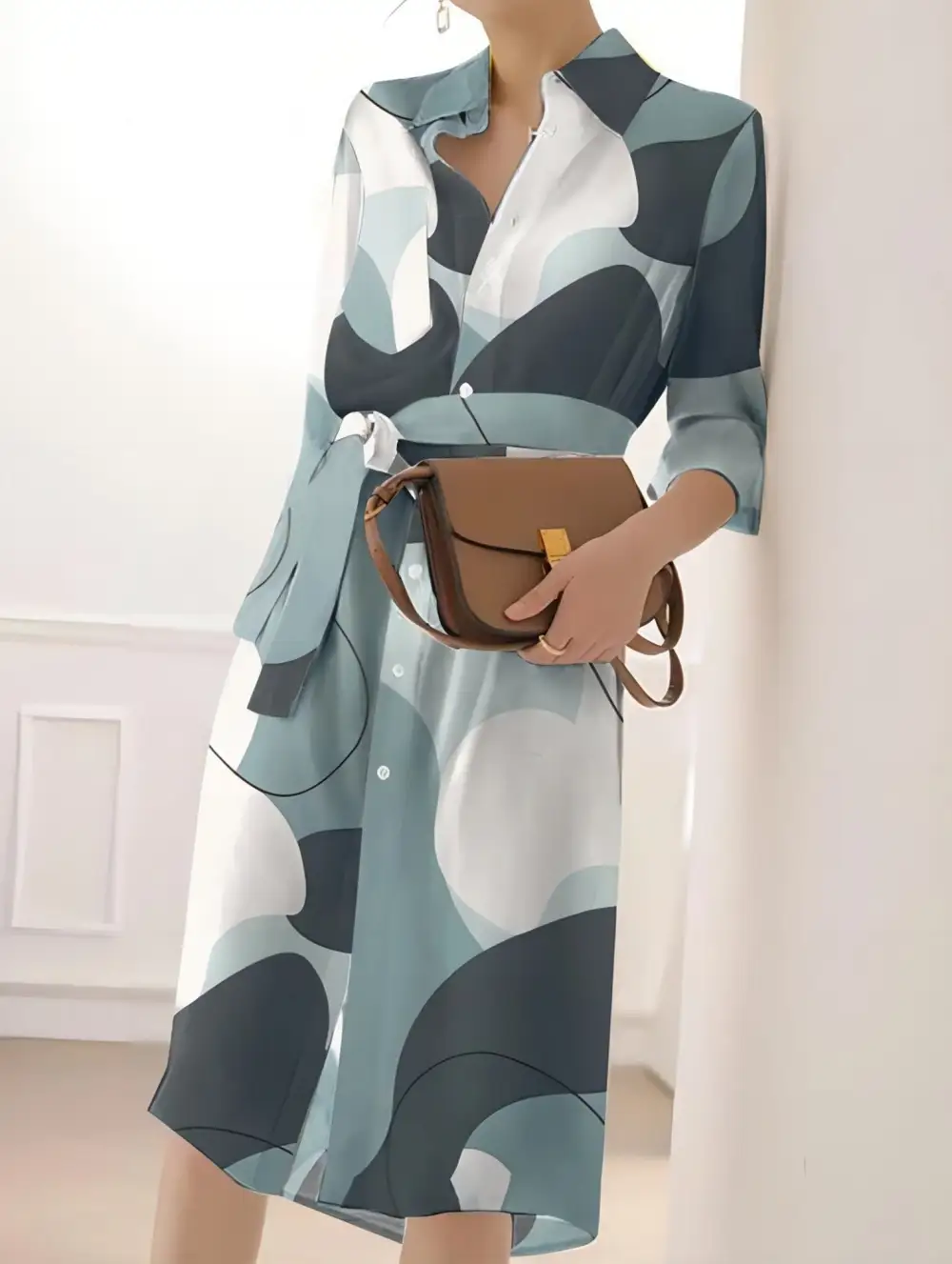 Geometric Print Split Hem Button Dress