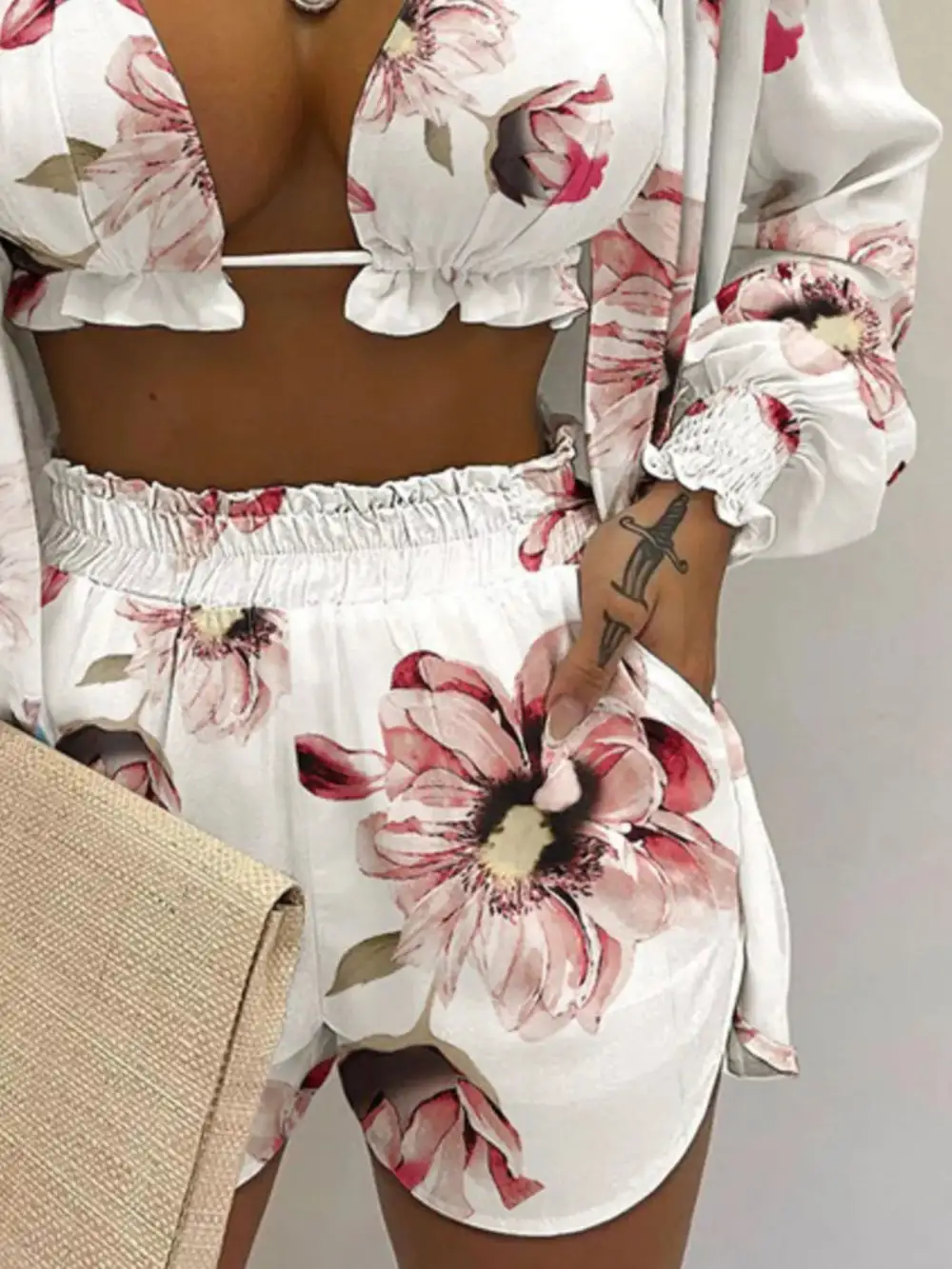 Halter Neck Cami & Shirt & Shorts Piece Outfit Set