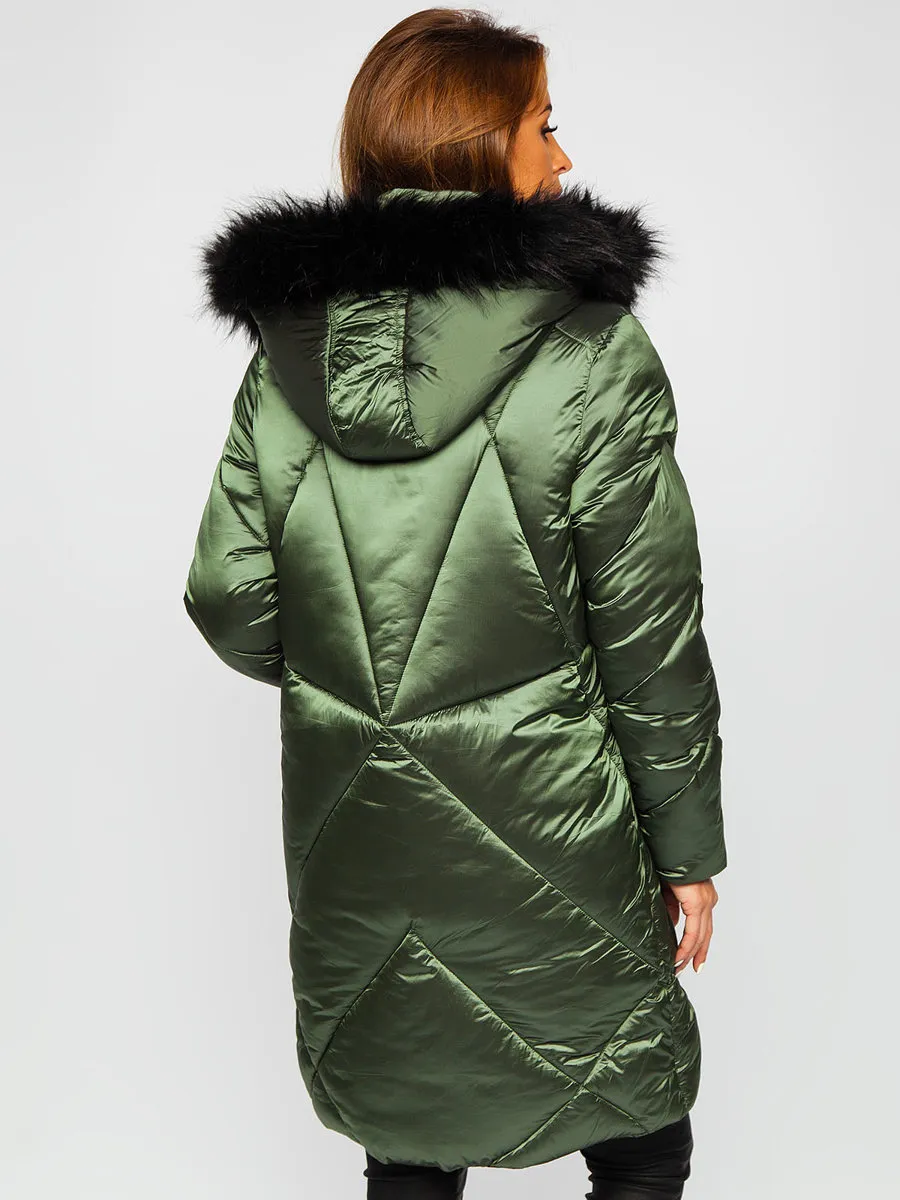 women's green quilted winter jacket with hood