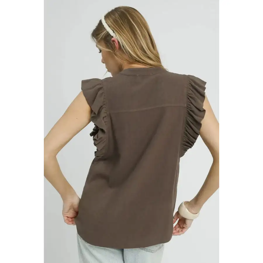 Linen Ruffle Sleeve Button Down Shirt