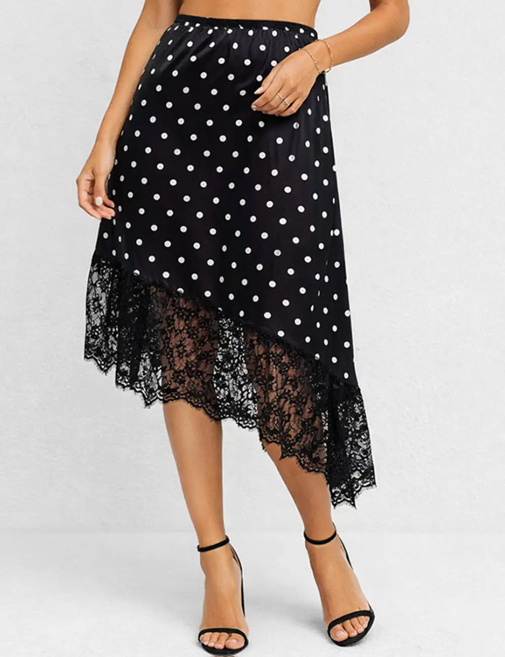 Romantic Polka Dot Satin Irregular Lace Hem Midi Skirt