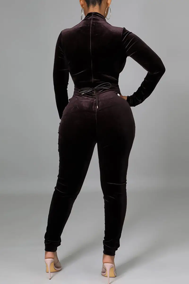 Fashion Sexy Solid Hollowed Out Frenulum Turtleneck Skinny Jumpsuits