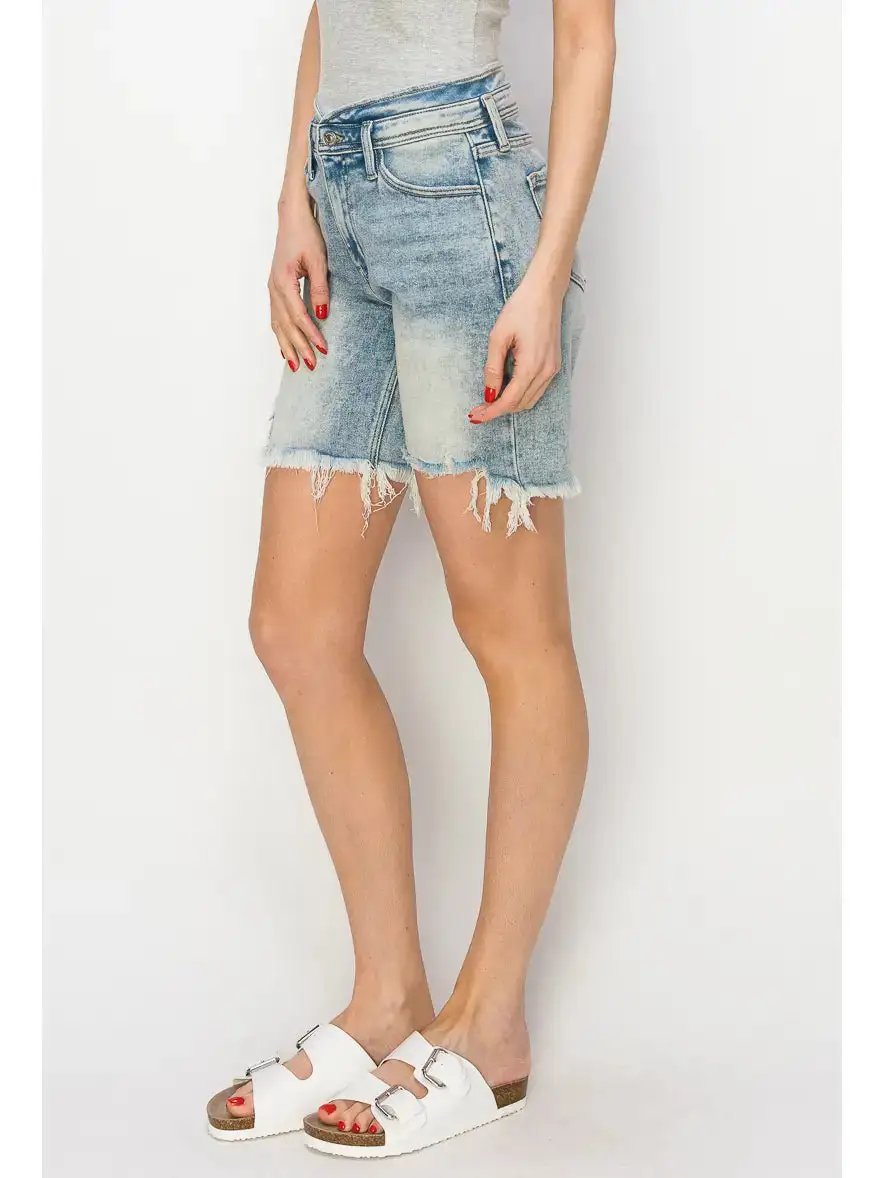 Active High Rise Frayed Hem Stretch Denim Shorts