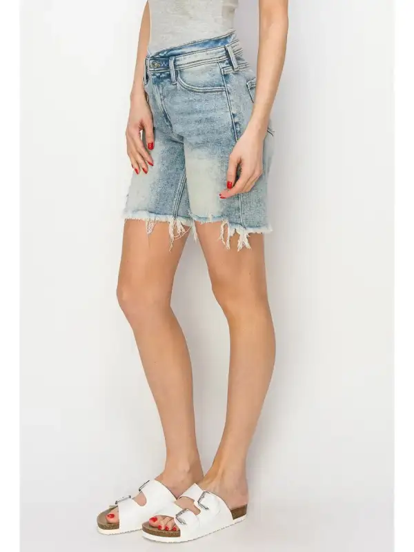 Active High Rise Frayed Hem Stretch Denim Shorts
