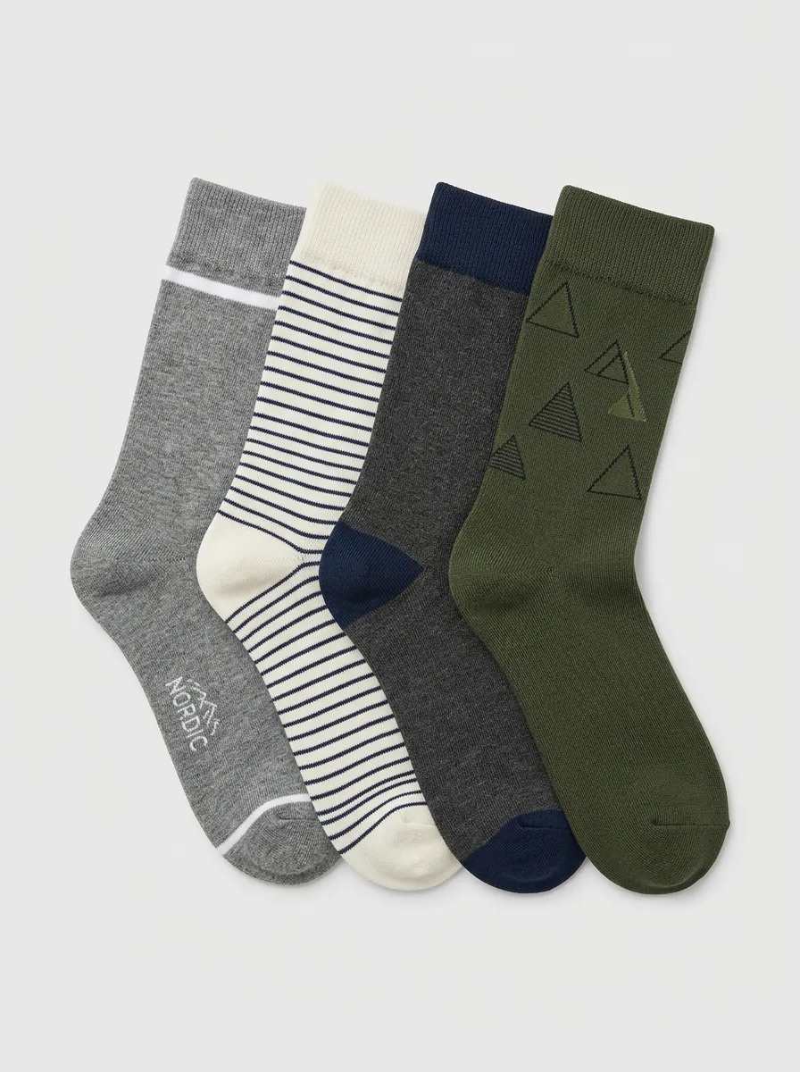 Mountain Motif Striped Geometric Heathered Texture Men's Crew Socks Four-Pair Pack