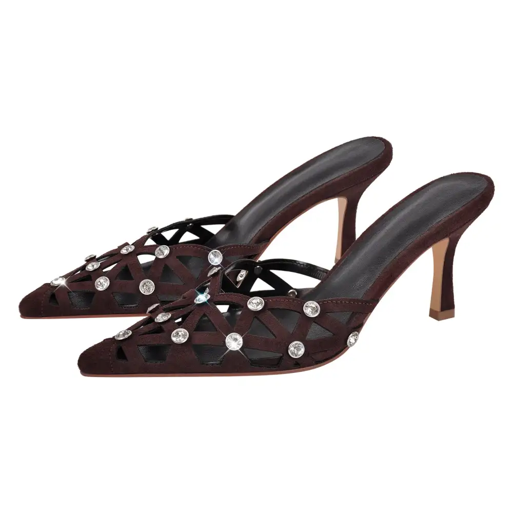 Rhinestone Pointed Toe Hollow Mule Sandals