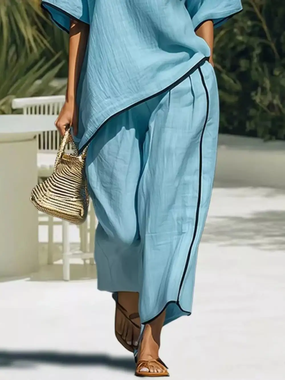 Full Size Contrast Trim Half Sleeve Top and Pants