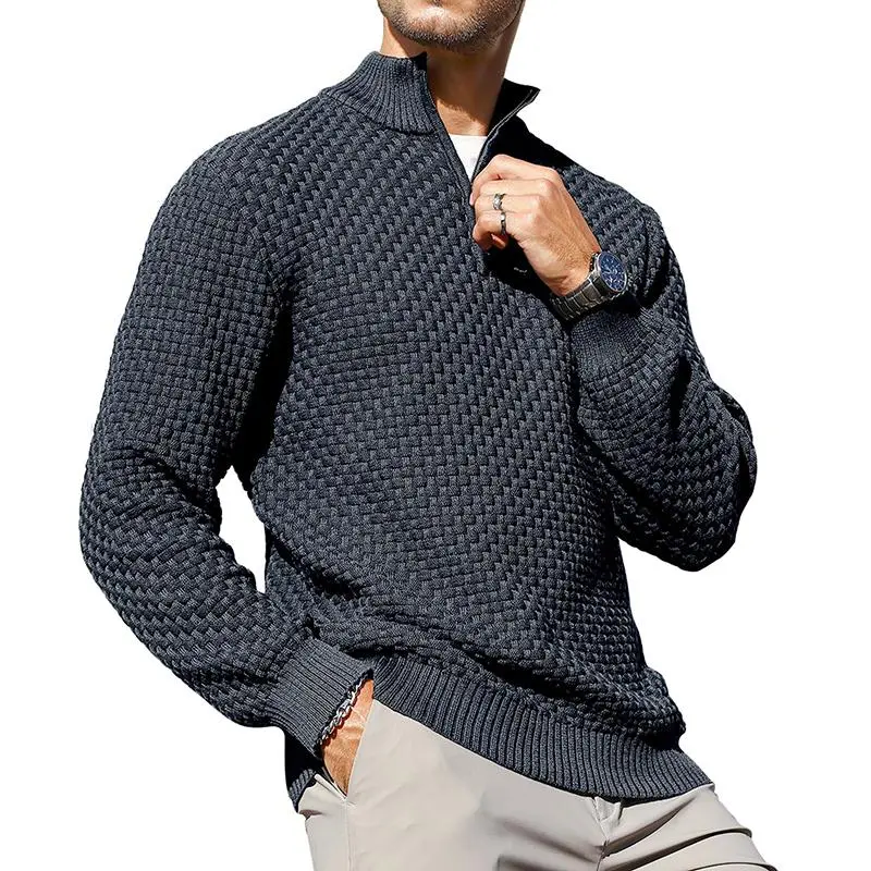 Men's Quarter-Zip Sweater Polo Zip Up Pullover Cable Knit Turtleneck Tops Long Sleeve