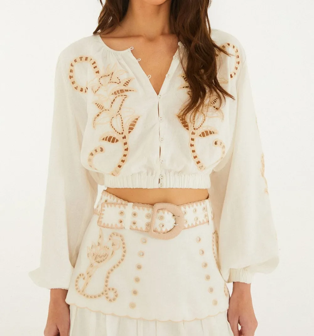 Embroidered Floral Long-Sleeve Cropped Blouse