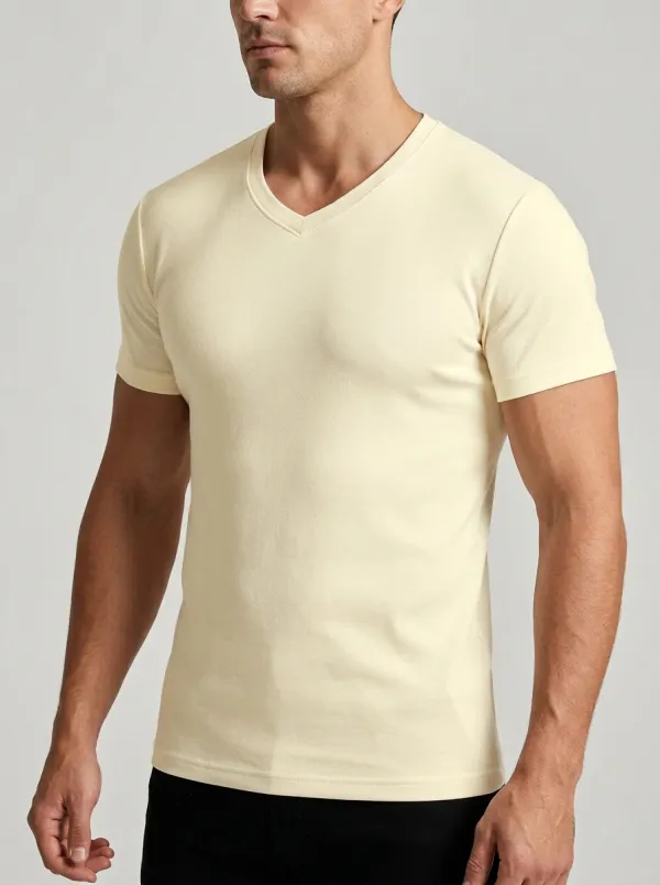 Refined Ribbed V-Neck Style Men's Slim Fit Short Sleeve T-Shirt