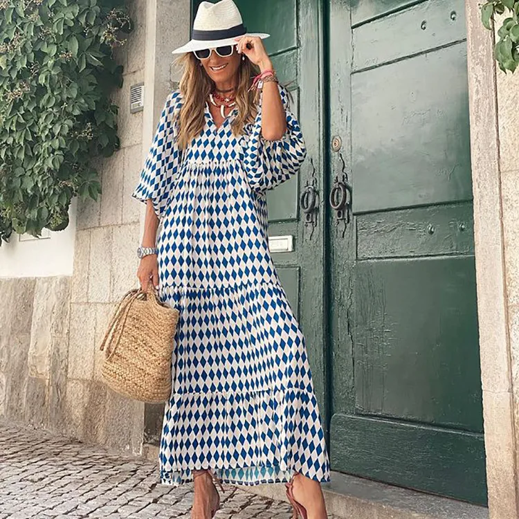 Bohemian Lantern Sleeve Long Dress Printed Large Swing Women's