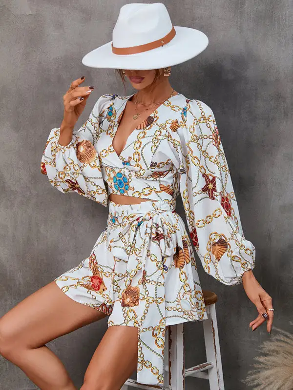 Hollowed Out Long Sleeved V Neck Shorts