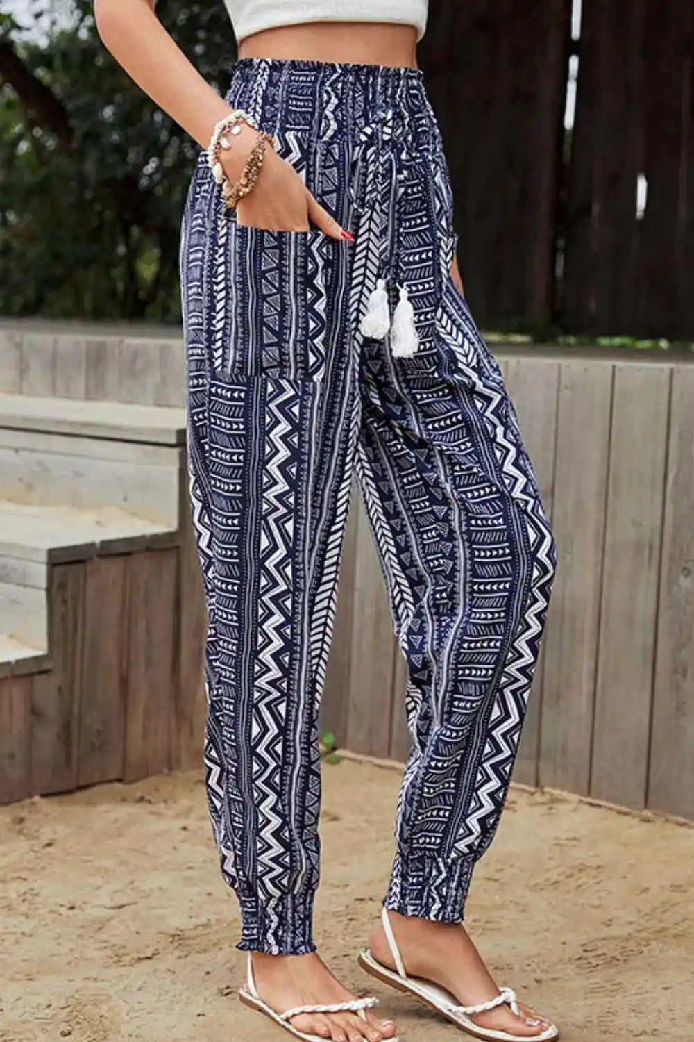 Geometric Print Tassel High-rise Pants