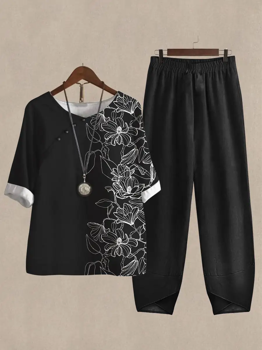 Women's Printed Half Sleeve Top And Casual Pants Linen Two Pieces