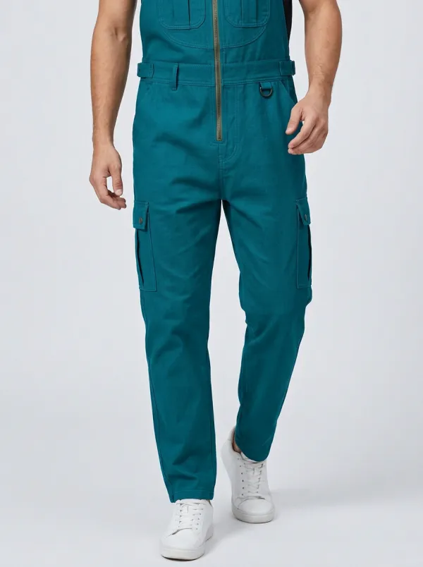 Men's Olive Green Cargo Utility Zip-Front Bib Overalls