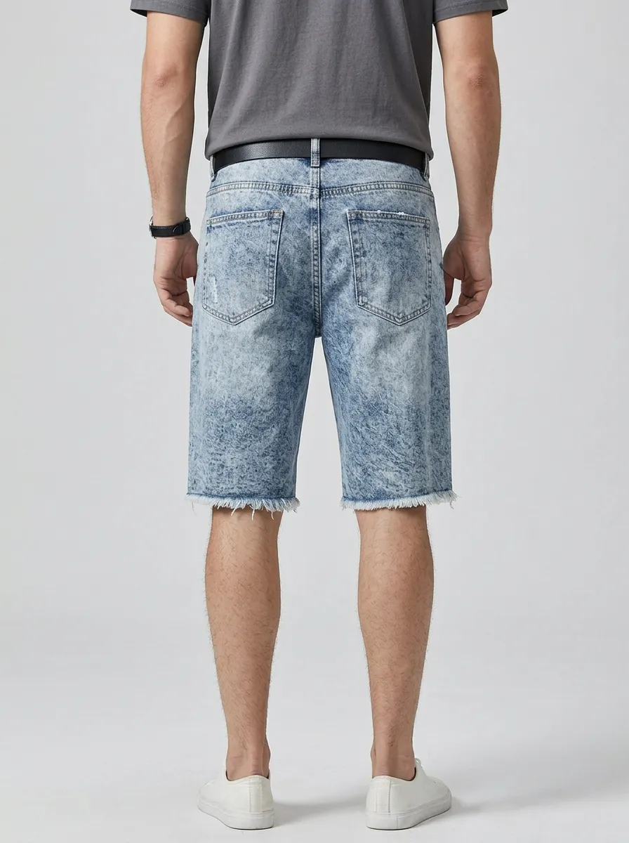 Storage-Ready Distressed Raw Hem Look Men's Distressed Raw Hem Denim Shorts