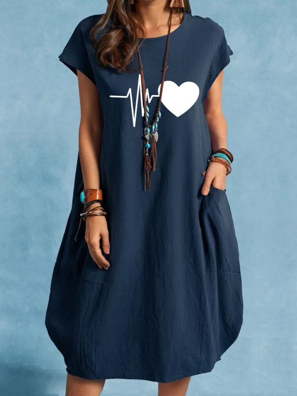 Casual Loose Heart Print Pocket Crew Neck Short Sleeve Midi Dress