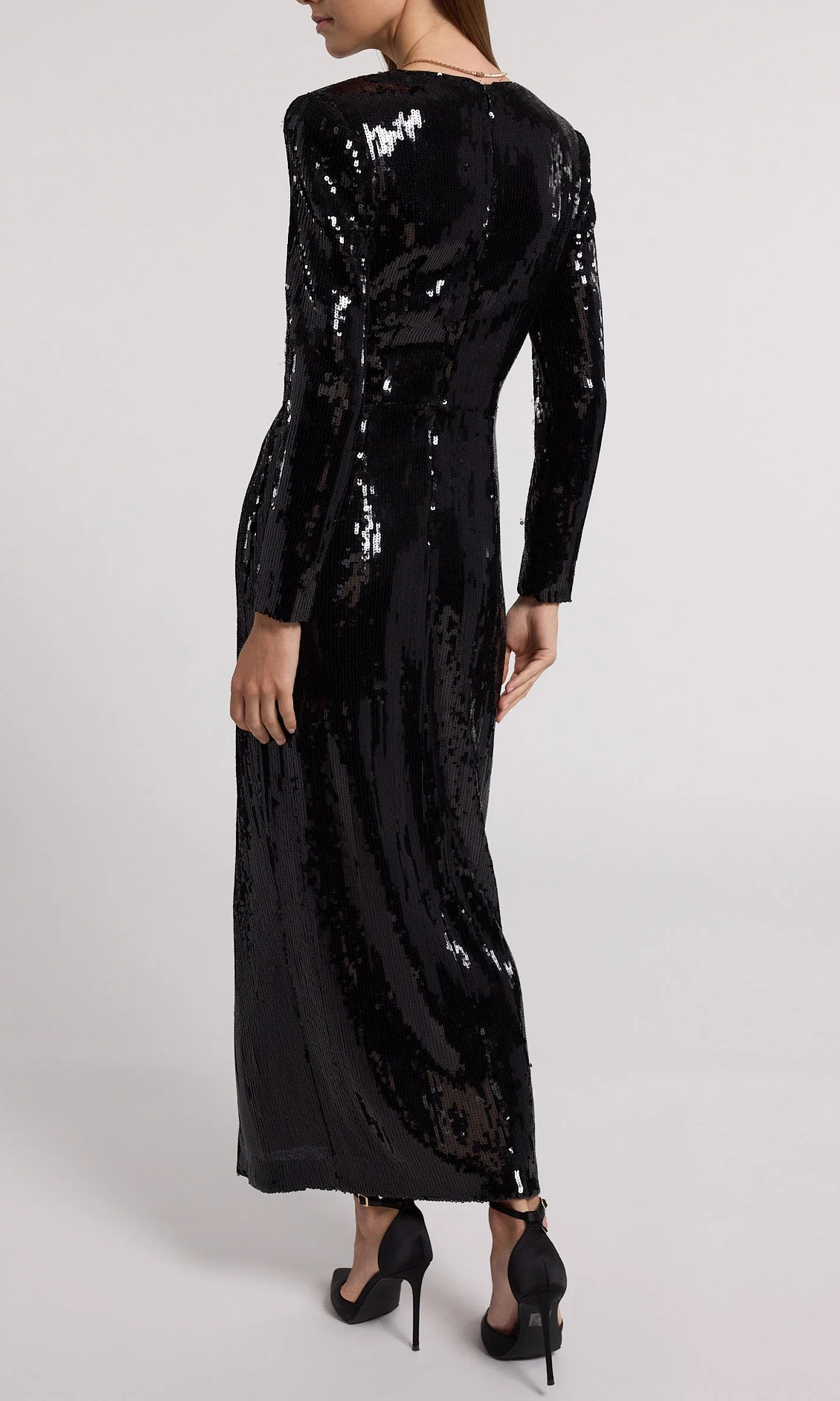 Deep V-neck Black Shiny Banquet Long Dress