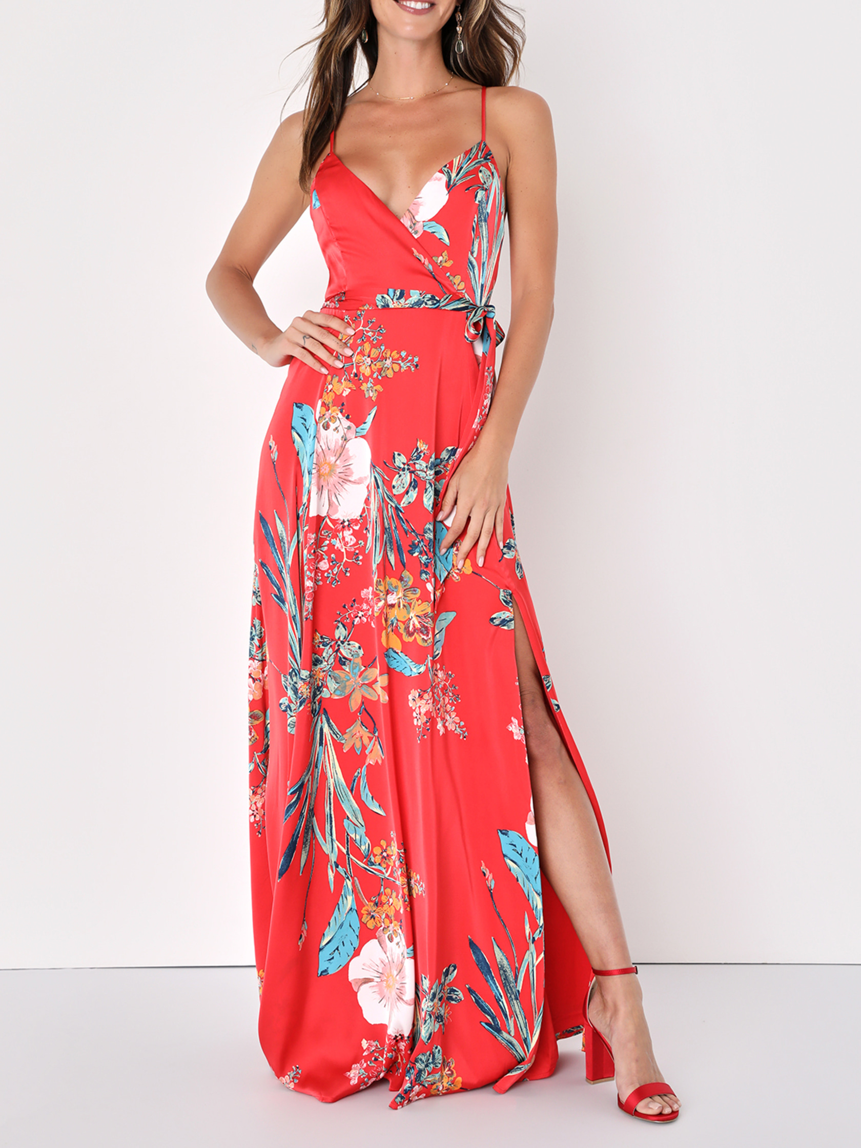 Red Floral Print Satin Maxi Dress