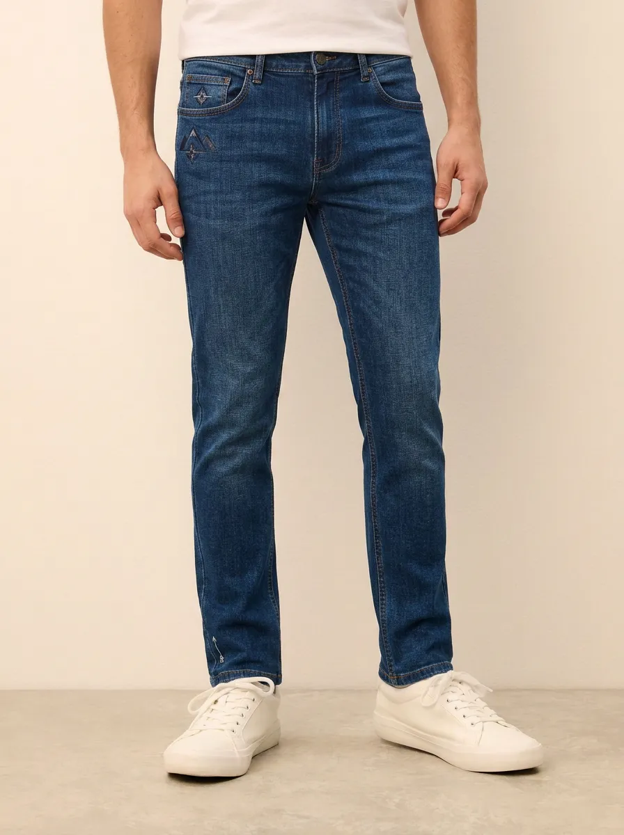 Men's Modern Flexible Embroidered Detail Stretch Denim Jeans