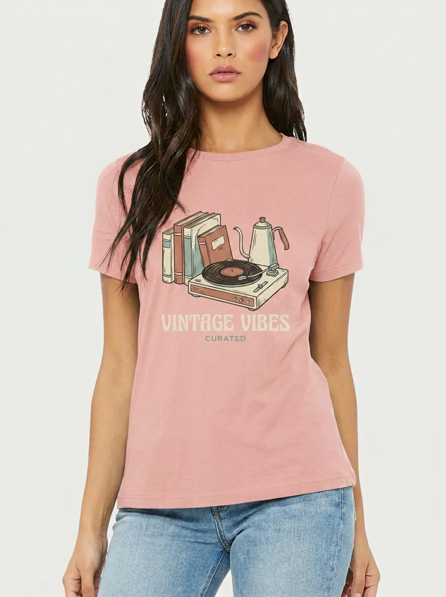 Women's Retro Book Record Player Coffee Graphic Crewneck T-Shirt