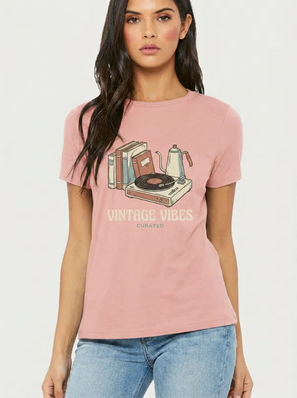 Women's Retro Book Record Player Coffee Graphic Crewneck T-Shirt
