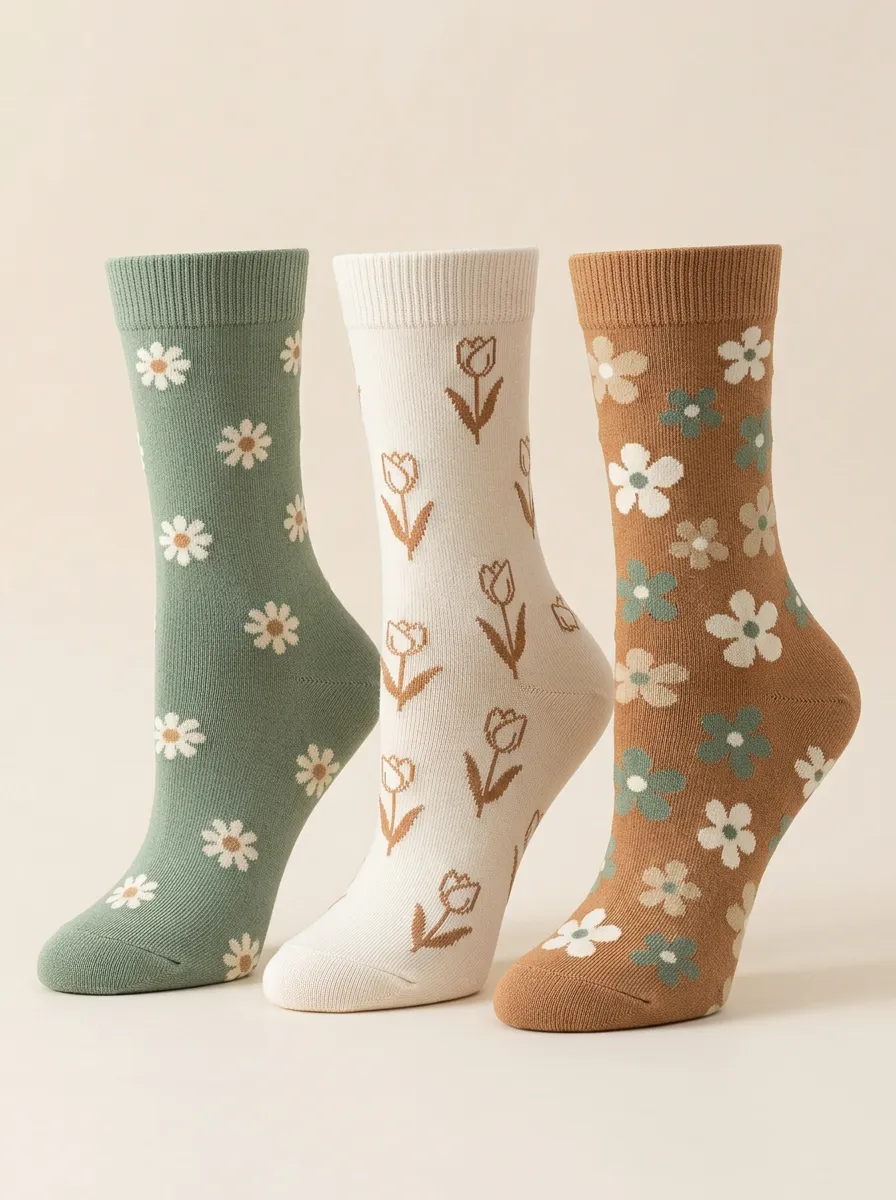 Cottage Daisy Tulip Floral Three Pair Sock Set