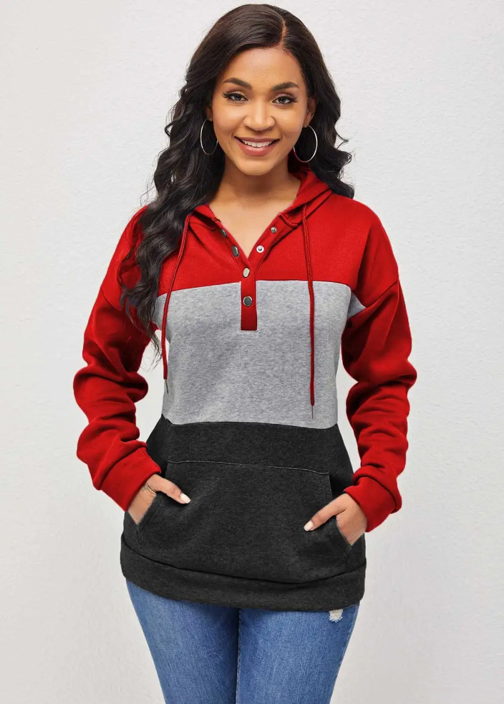 Contrast Kangaroo Pocket Drawstring Red Hoodie