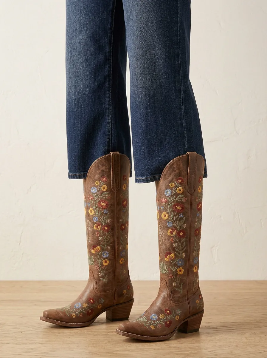 Women's Western Floral Embroidered Pointed-Toe Block-Heel Stacked-Heel Denim Over-the-Knee Boots