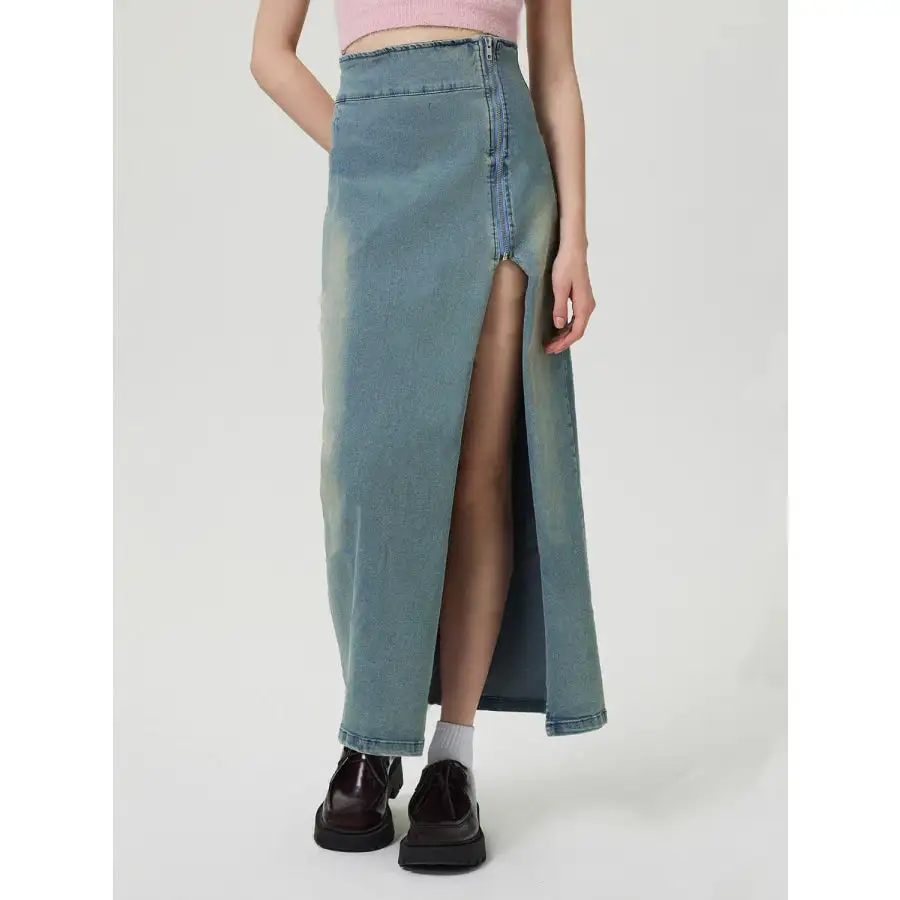 Slit Denim Skirt with Zip