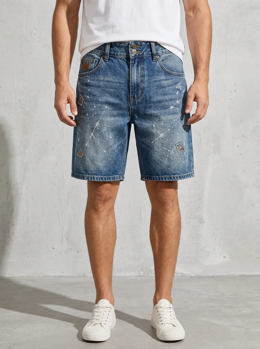 Men's Streetwear Paint Splatter Patchwork Printed Denim Shorts