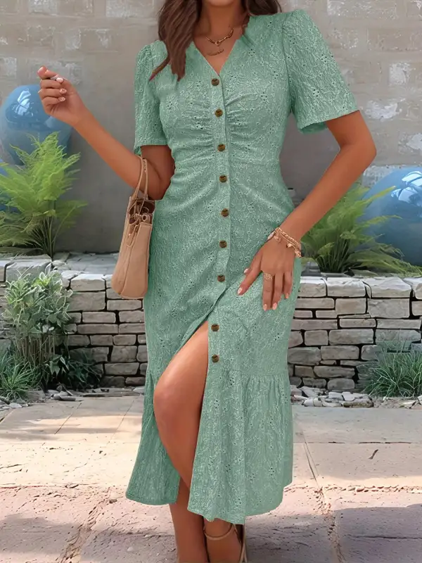 Button Front Embroidered Midi Dress