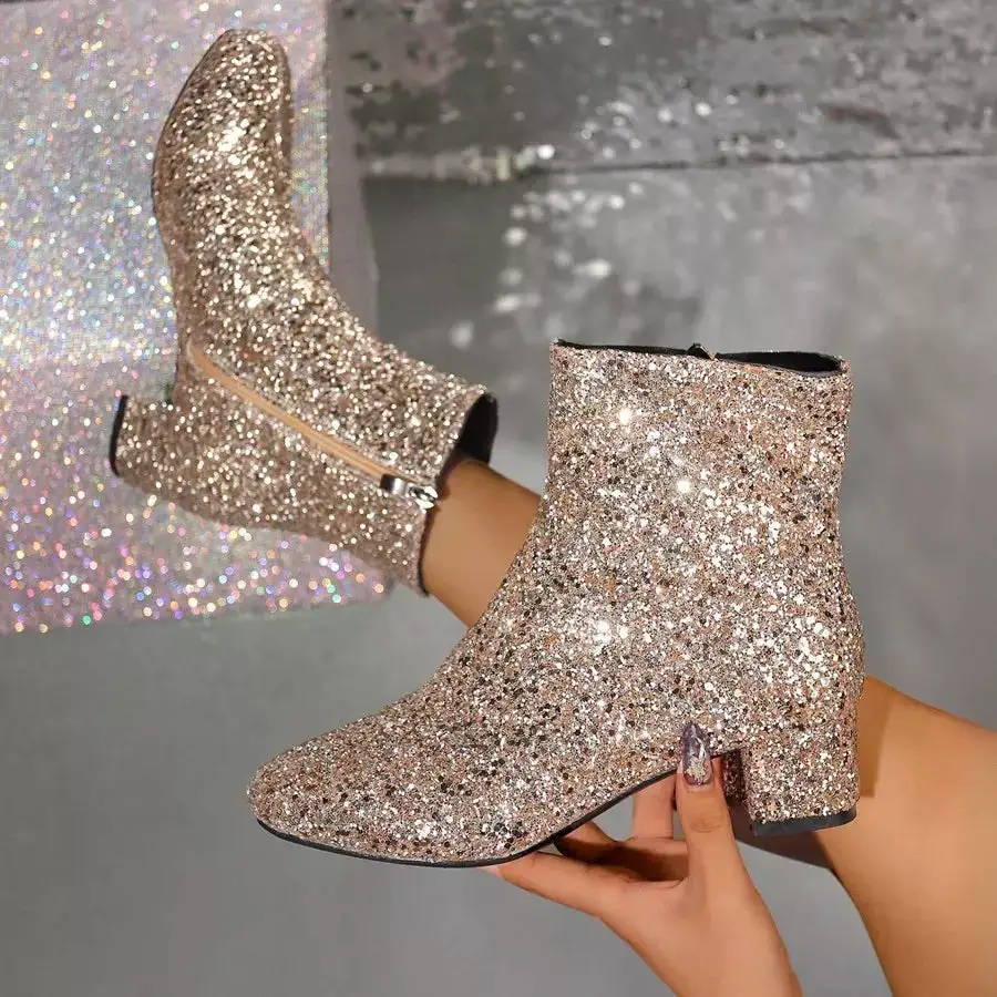 Sequin Round Toe Block Heels Boots
