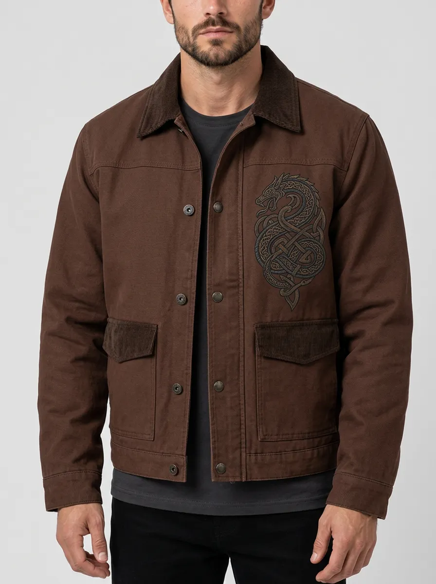 Men's Dragon Point-Collar Embroidered Utility Jacket