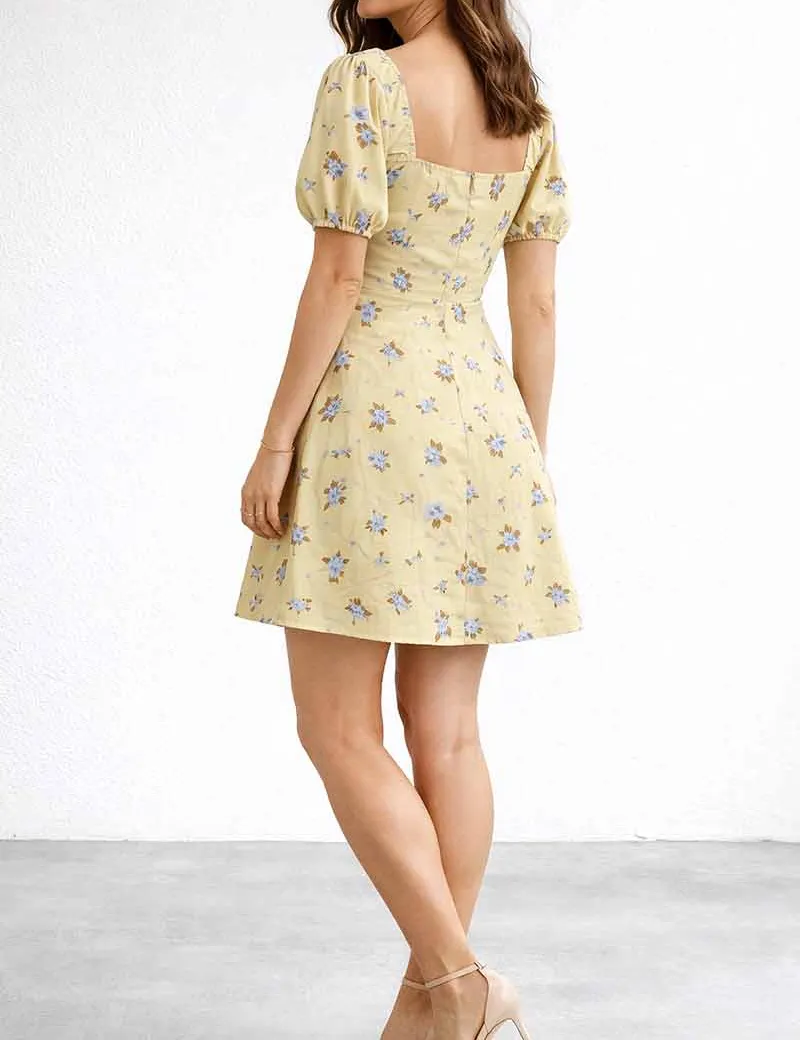 Square Neck Drawstring Short Sleeves Mini Dress