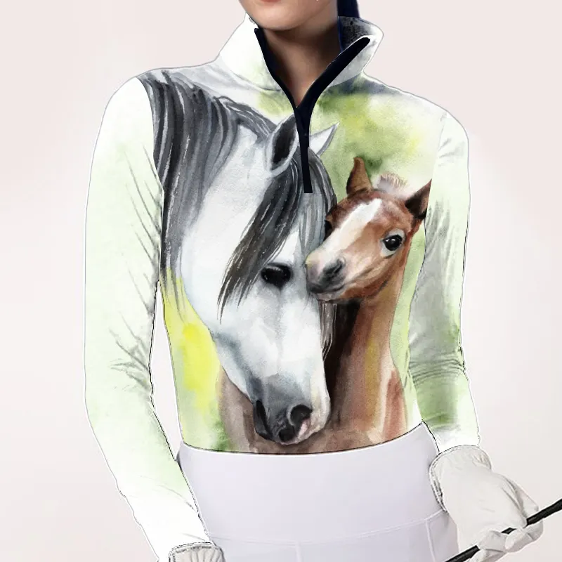 Women's Equestrian Style Horse Print Long Sleeve Casual Shirt