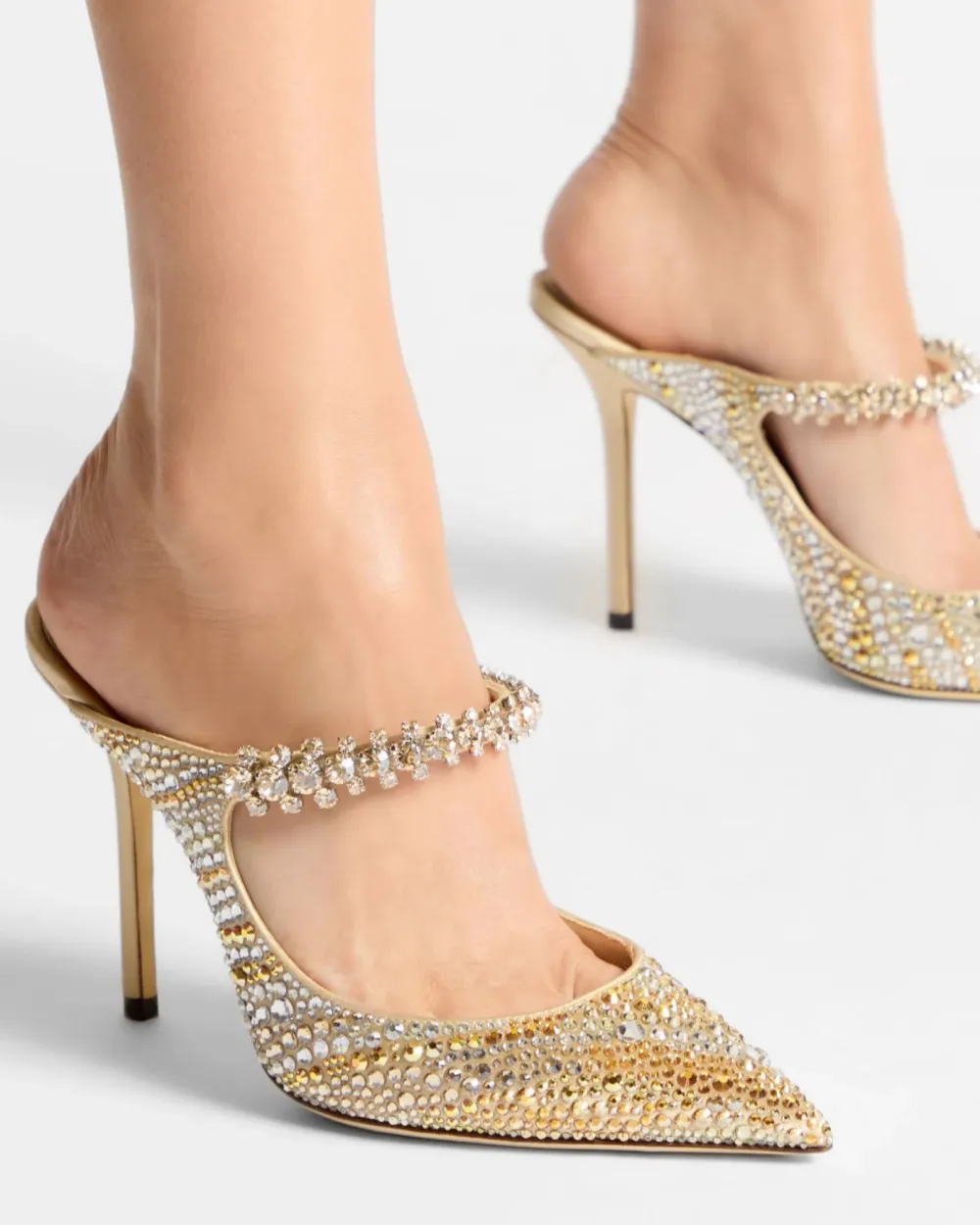 Rhinestone Strap Mules in Gold